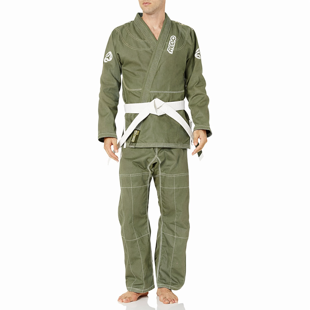 Reevo Guard Ultralight BJJ Gi for Adults and Kids with White Belt - Army Green